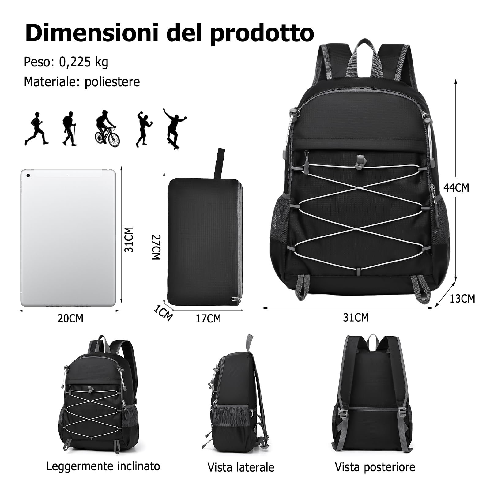 Zaino Pieghevole Zaino da Trekking Grande Impermeabile Leggero Zaini Donna Uomo Backpack per Campeggio Viaggio Sport Nero