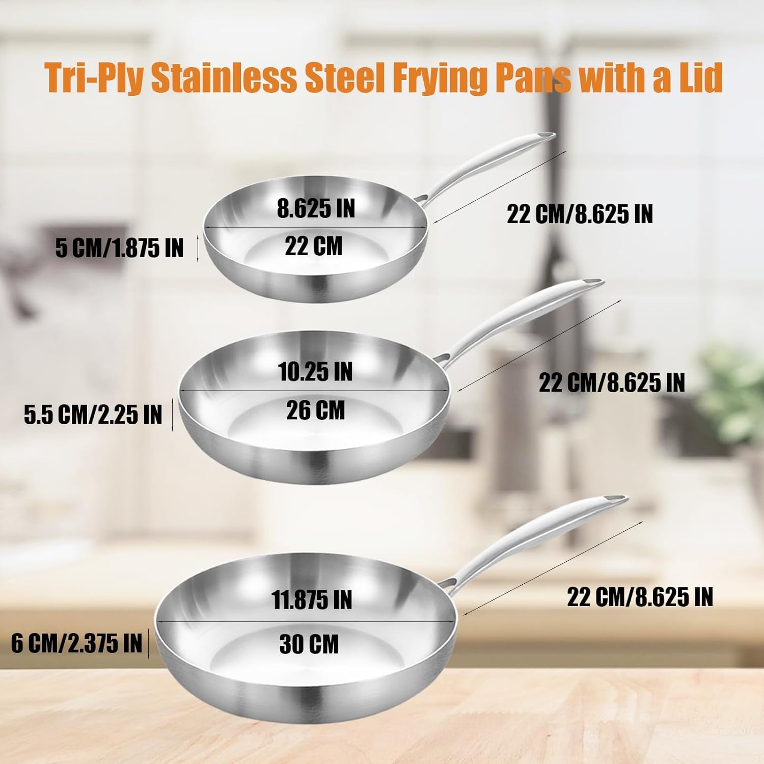 Inqibee Set di padelle a tre strati in acciaio inox da 22-26-30 cm, con coperchio, 3 pezzi, padelle, pentole e padelle, pentole a induzione, adatte al forno, manico staccabile