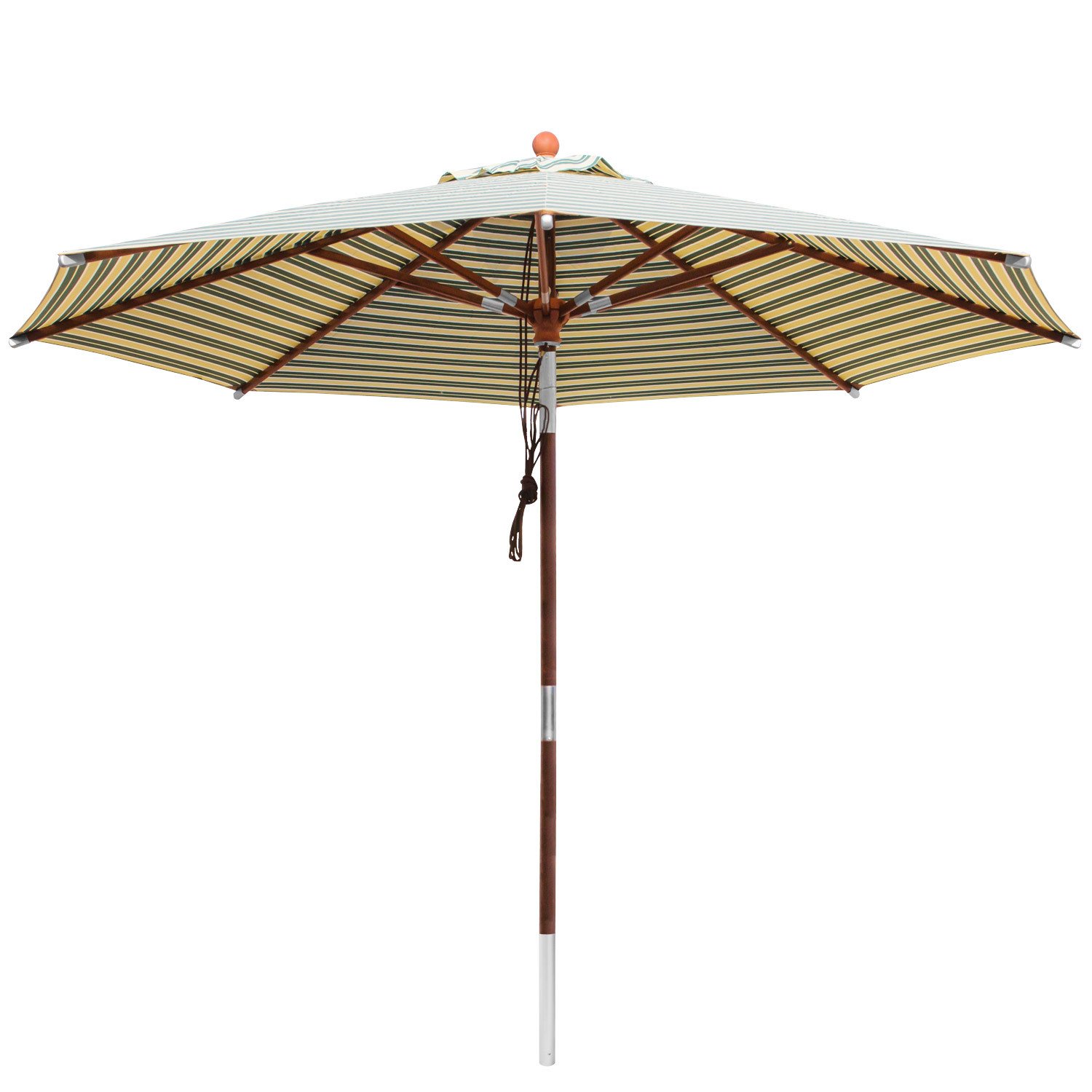 anndora® Sonnenschirm Holz 3 m rund Gartenschirm Marktschirm 300 cm - knickbar per Drehkippmechanismus - mit Winddach - Olefinstoff gestreift Grün Weiß Gelb