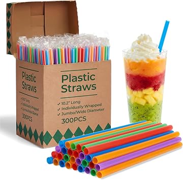 Glotoch Plastic Straws Disposable 300PCS Jumbo Smoothie & Boba Straws