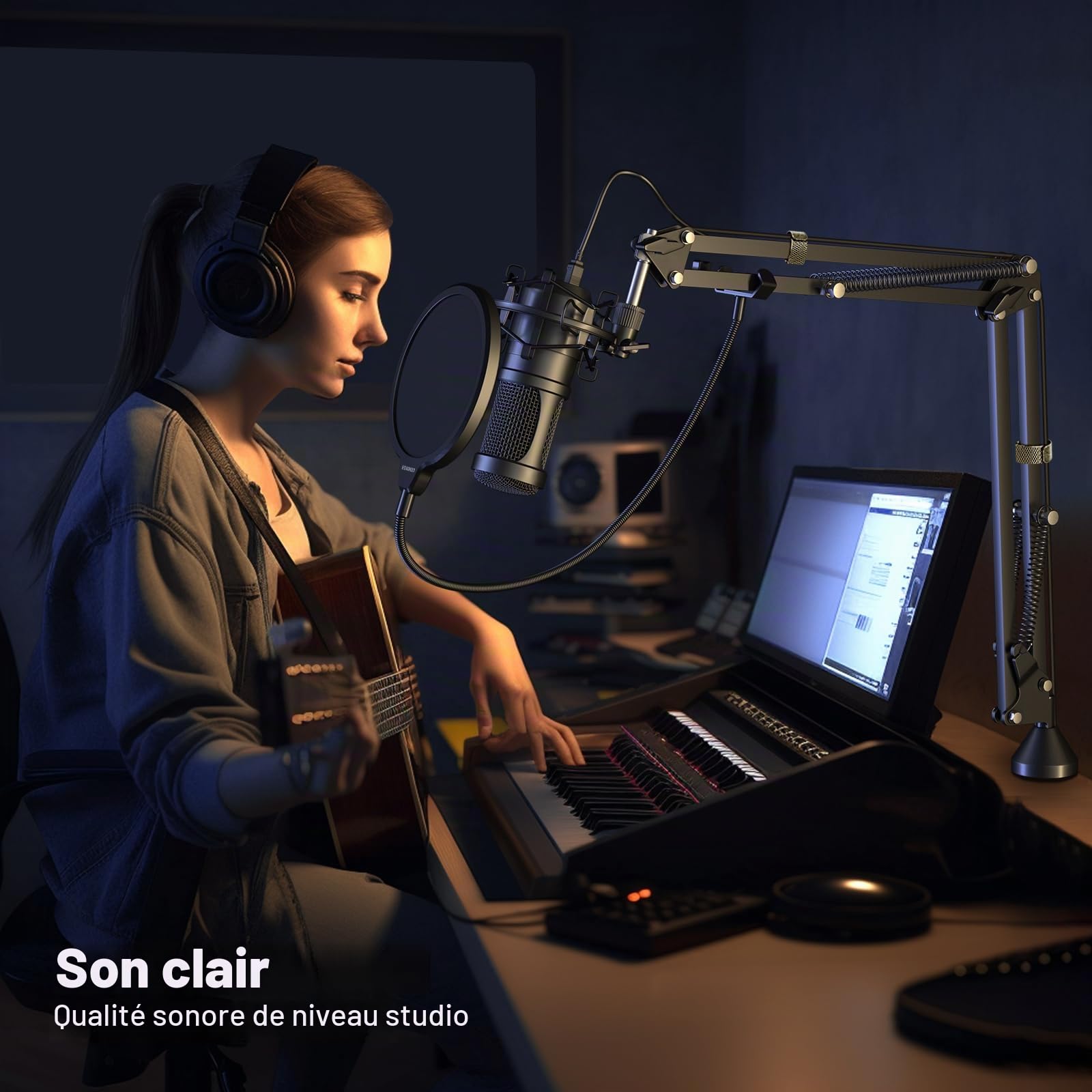 Aokeo AK-60 Professional Studio Diffusion en Direct Enregistrement Microphone à condensateur avec Support de Bras de Microphone, Montage Antichoc, Filtre Anti-Pop, Carte Son USB