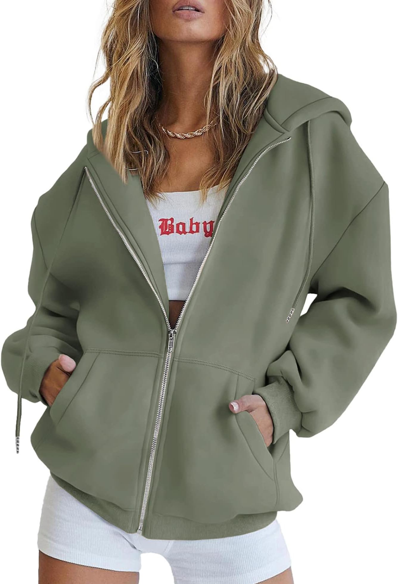 PRETTYGARDEN Women's 2023 Zip Up Y2K Hoodies Casual Long Sleeve Sweatshirts Fall Track Jackets With Pockets, Grey Green, M