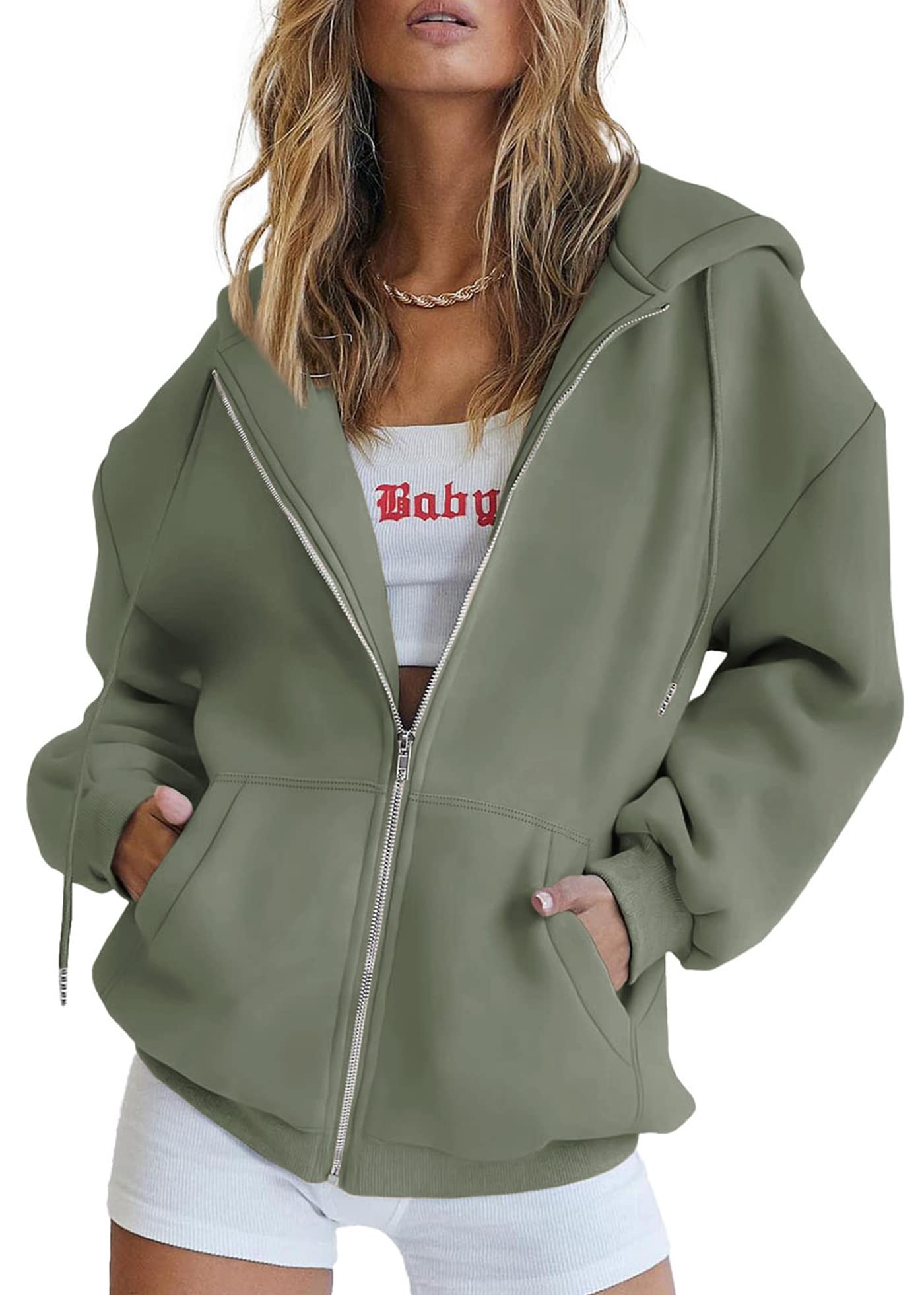 PRETTYGARDEN Women's 2023 Zip Up Y2K Hoodies Casual Long Sleeve Sweatshirts Fall Track Jackets With Pockets, Grey Green, M