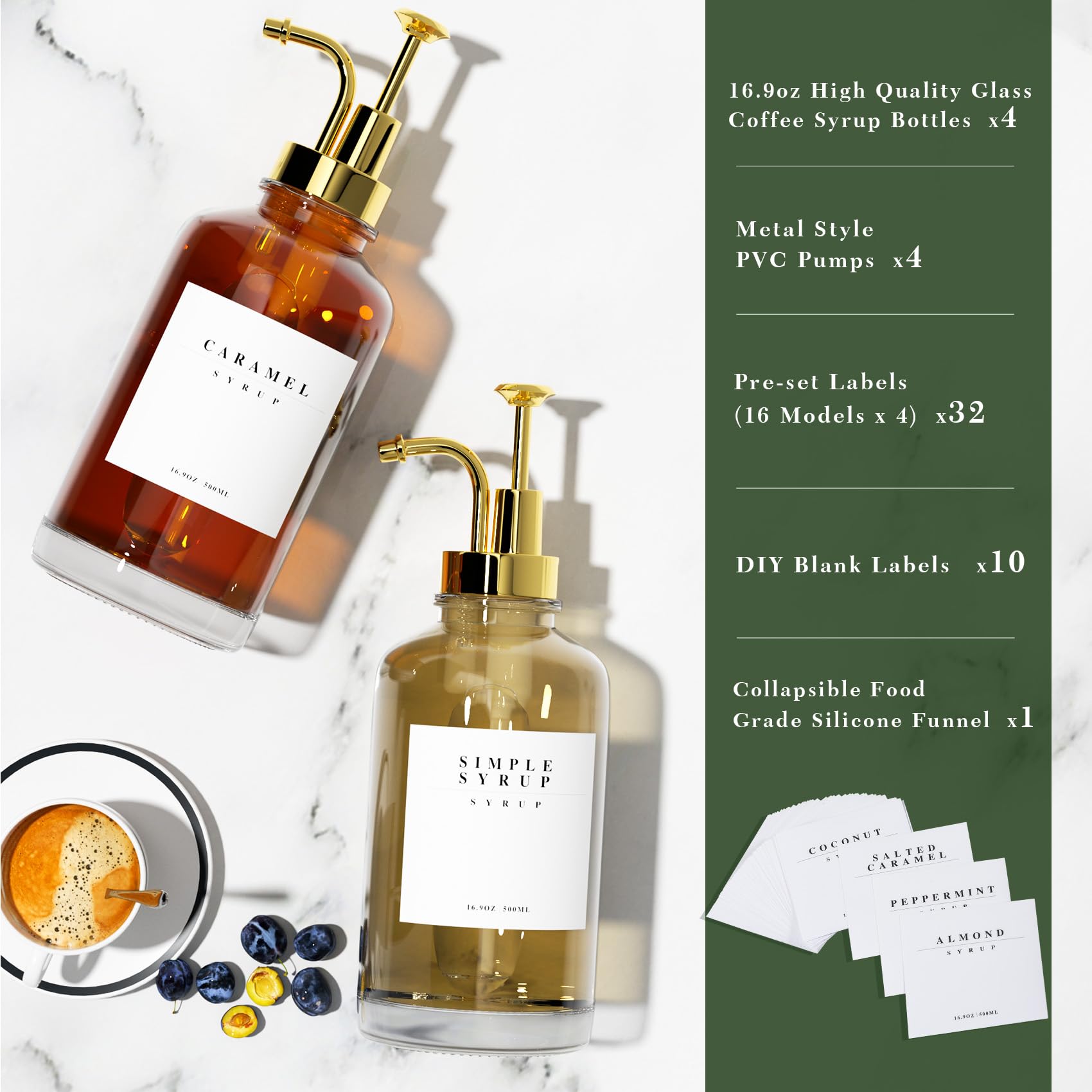 Lot de 4 distributeurs de sirop de café pour accessoires de café, distributeur à pompe à café, bouteille de sirop en verre avec pompes dorées et 42 étiquettes, 500 ml
