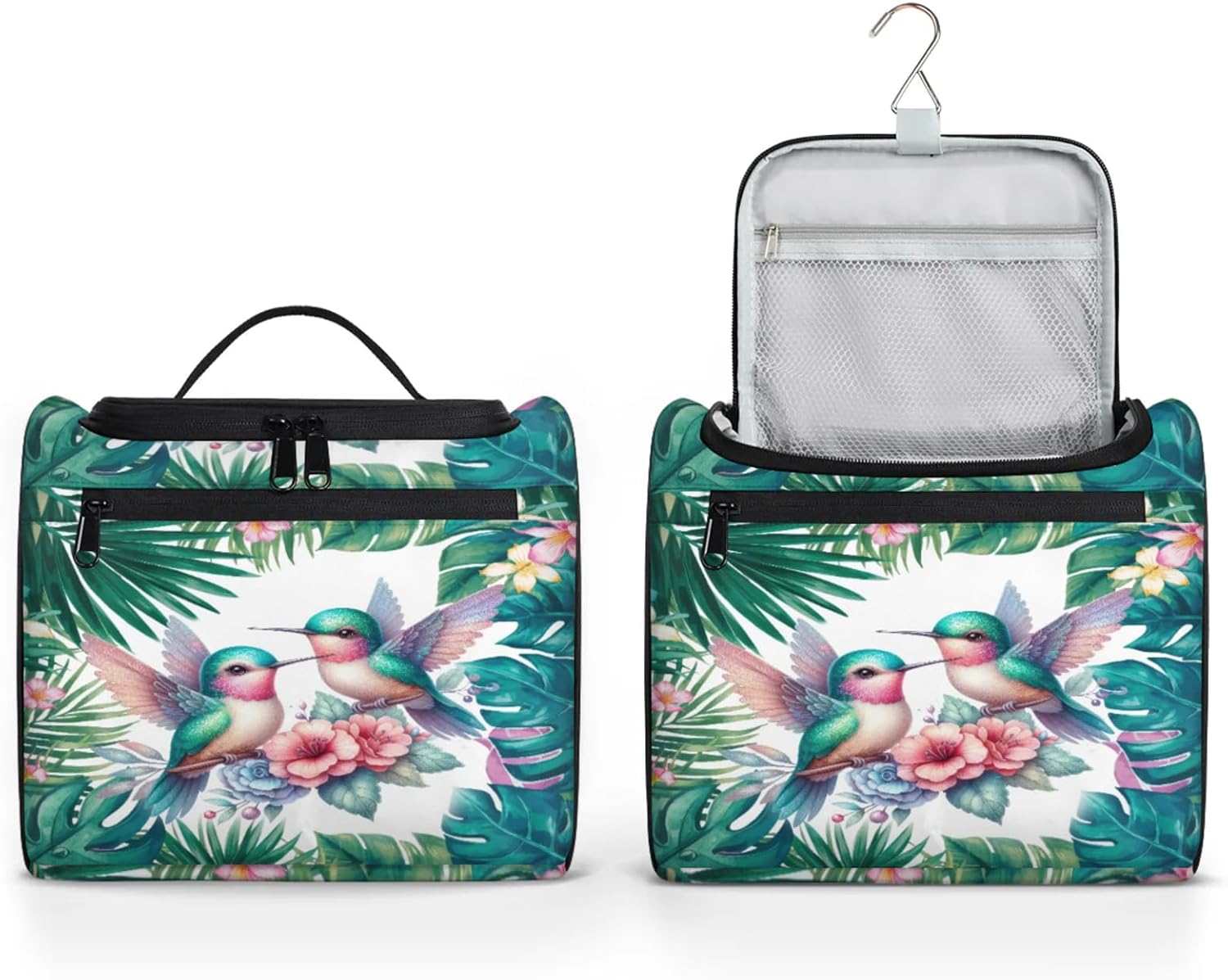 Toiletry Bag for Women, Flowers Hummingbird Leaves Hanging Travel Toiletry Bag, Water-resistant Cosmetic Makeup Organizer for Toiletries and Cosmetics, Bathroom Shower Bag with Handle and Hook