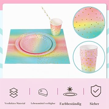 Nkaiso Party Tableware 120 Pieces Rainbow Children's Birthday Girls Party Decoration Accessory Set Paper Tableware Set Including Paper Plates Forks Napkins for Weddings Decoration Anniversary 24 Guests