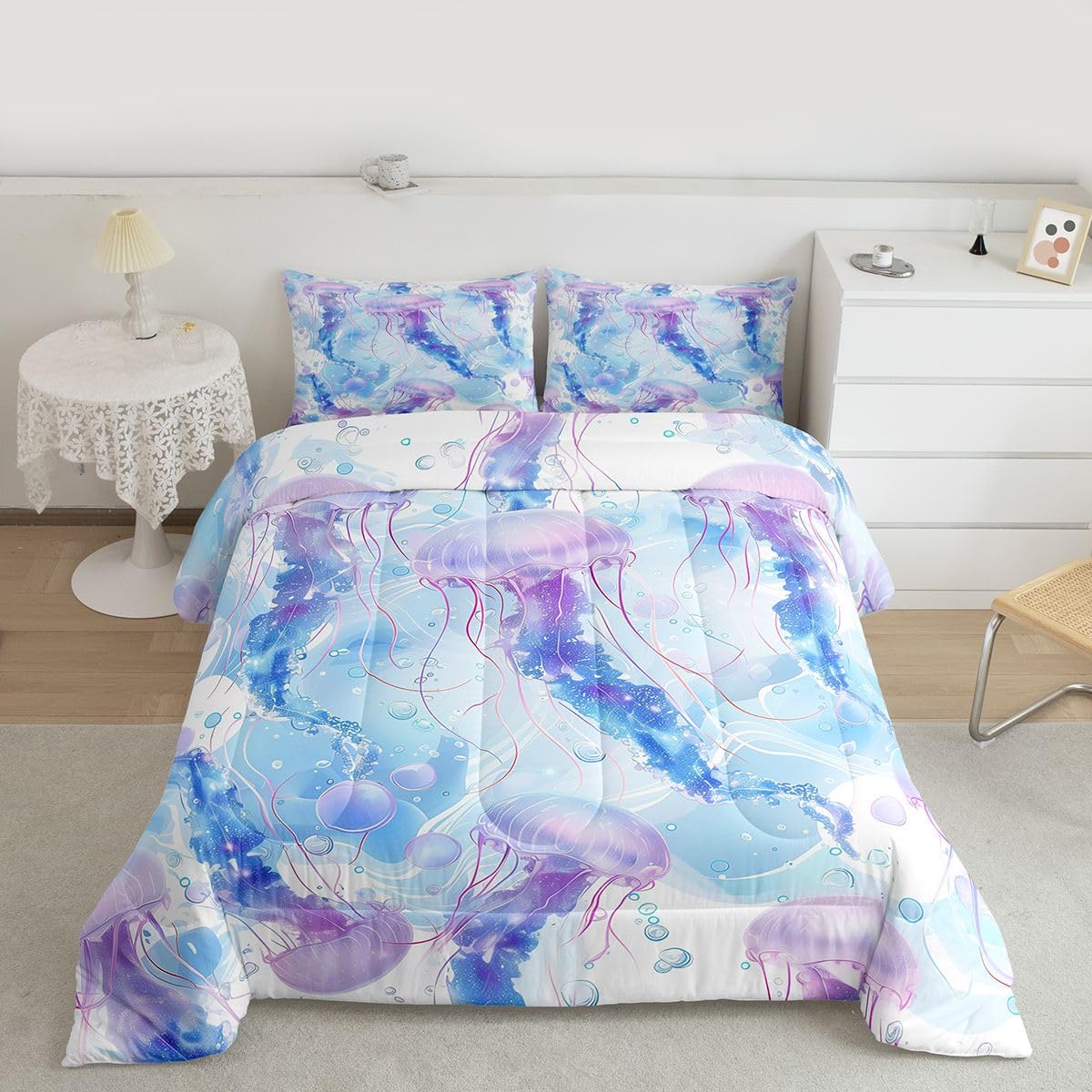 Castle Fairy Lovely Jellyfish Comforter Set for Kids Marine Life Underwater World Bedding Set Aquatic Animal Bedding Home Decor Blue Purple Comforter Twin Size 2 Pieces with 1 Pillowcase