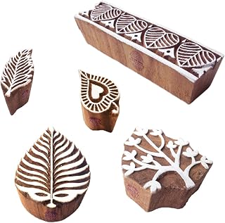 Tallado Mano Diseños Hoja y Árbol Madera Imprenta Bloques (Set de 5)