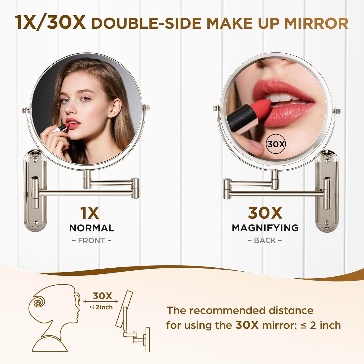 Wall Mounted Makeup Mirror - 1X/30X Magnifying Makeup Mirror with Extended Arm 360°Swivel Vanity Mirror, 8.5in Double Sided Mirror for Bathroom, No Lights