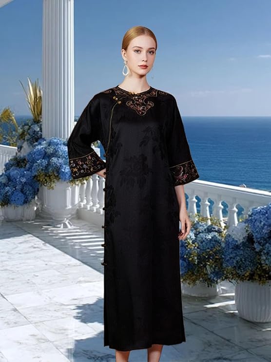 Side view of Trumpet Sleeve luxury silk embroidered dress.