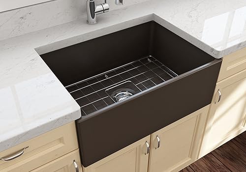Miniatura 6 de BOCCHI Contempo Farmhouse Delantal de arcilla refractaria delantera de 27 pulgadas. Fregadero de cocina de un solo tazón con rejilla inferior