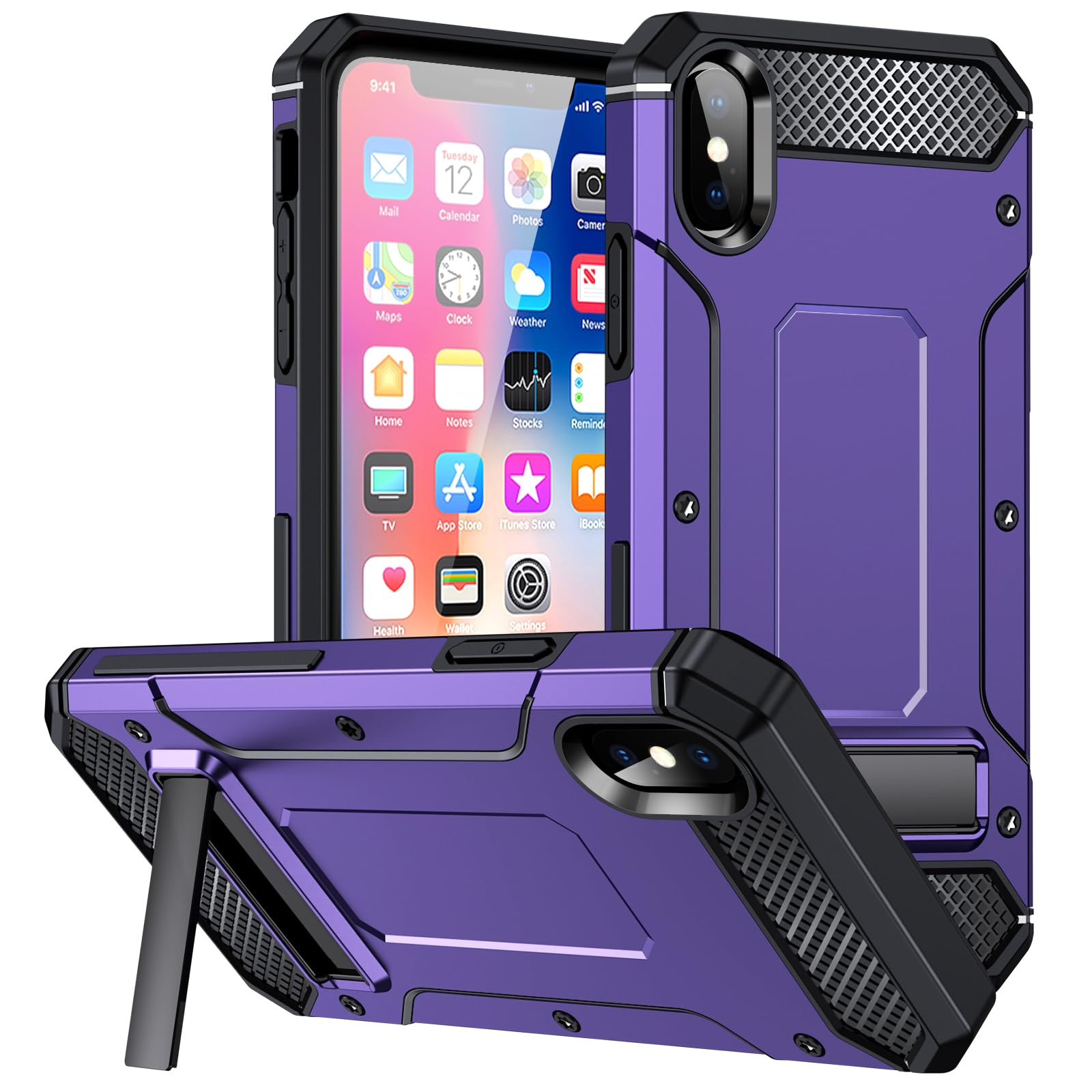 2NSPDRGNI Metal Kickstand Cover Compatible with iPhone X/XS,Supports Wireless Charging,Shockproof Protective Armor Cover,Purple