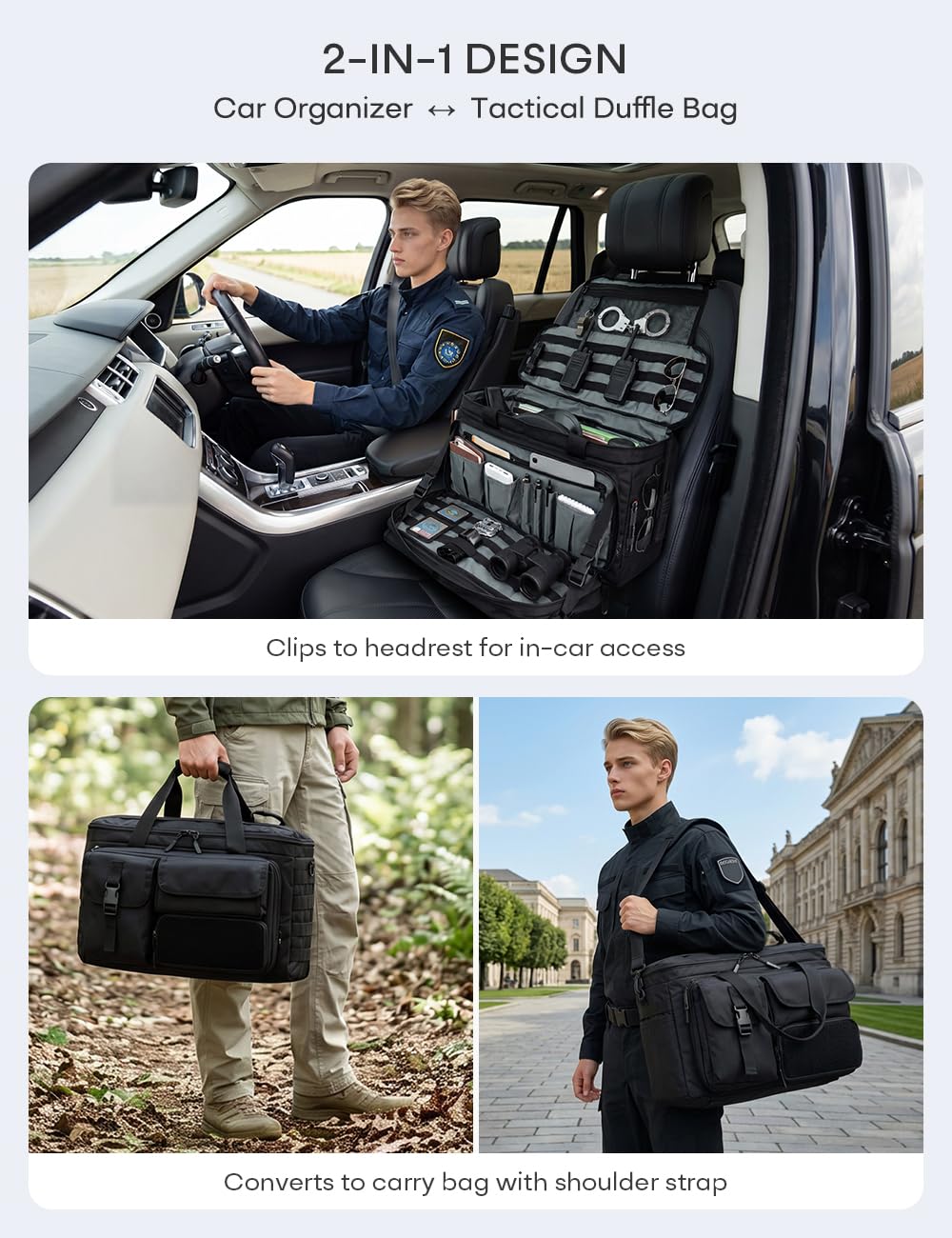 Bolsa Táctica MOLLE Policía, Organizador Coche Asiento con Portátil 15.6" | 3-en-1: Organizador de Coche, Bolsa Táctica y Mochila de Hombro. MOLLE para Linterna y Radio. Oxford Material Impermeable.