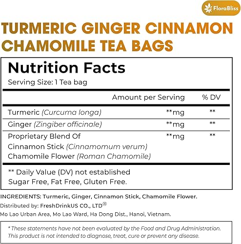 Miniatura 9 de FloraBliss 50 bolsas de té de cúrcuma, jengibre y canela prémium con manzanilla, extra fuerte 0.08 ozbolsa, 100% natural, sin cafeína, vegano,