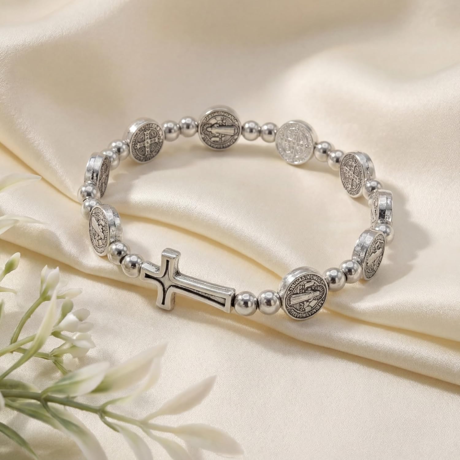 Junkin 24 Pcs Rosary Bracelet Bulk St Benedict Catholic Stretch Bracelet for Women Men with Organza Bags First Communion Jewelry Gift for Christian Baptism Religious Birthday