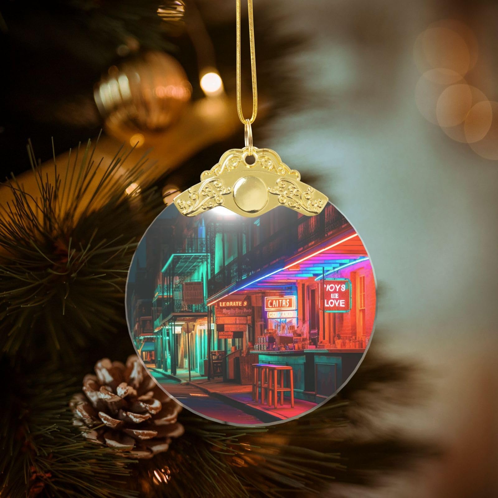 Crystal Christmas Ornaments for Christmas Tree Decoration Hanging Bars Neon Lights Ornament with Gold Ribbon Crafts Round Pendant for Keepsake Gifts Glass Xmas Decor Party Supplies