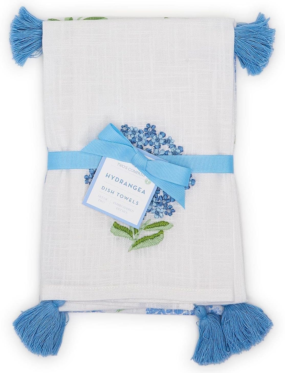 Two's Company Hydrangea Set of 2 Dish Towels with Decorative Tassels - Cotton