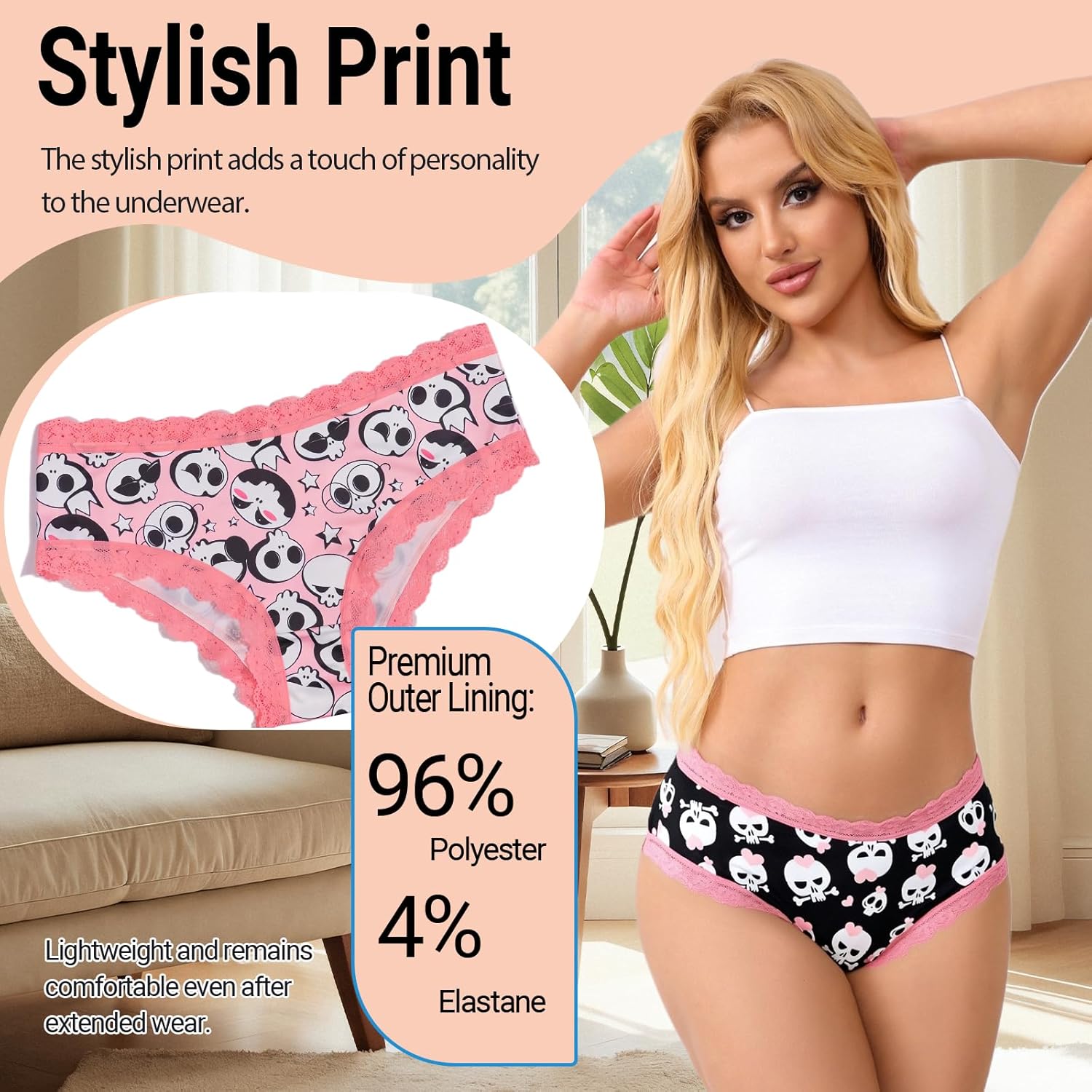 Women's Gothic Lace Hipster Panties 5~6Pack:Skull Rose Halloween Print,Pink Low Rise Bikini Soft Comfy Sexy Underwear - Image 4