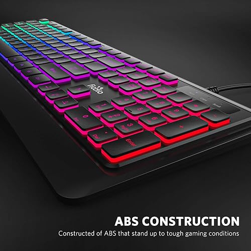 Miniatura 5 de Fiodio Teclado de membrana Rainbow para juegos, teclado silencioso de computadora con cable, 104 teclas silenciosas y 26 teclas anti-fantasma,