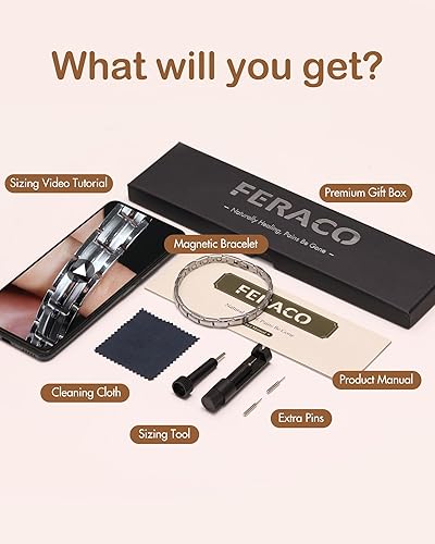 Miniatura 6 de Feraco Pulsera magnética para mujer, acero de titanio, pulsera magnética con imanes de neodimio, regalos de joyería de Navidad (plateado)