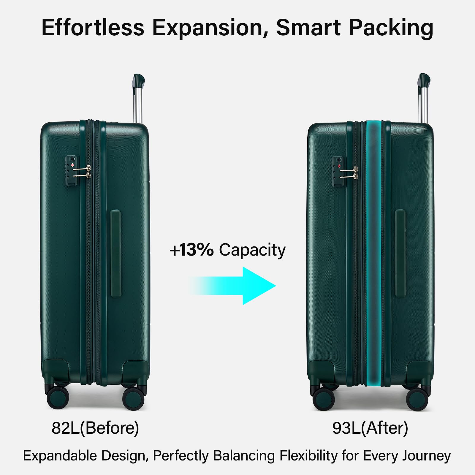 Hanke Expandable 26 Inch Luggage with Spinner Wheels, Hardside Large Suitcase, All-PC Hard Shell Travel Luggage, TSA Lock, Lightweight Durable Checked-Medium (Blackish Green, 93L) — view 2