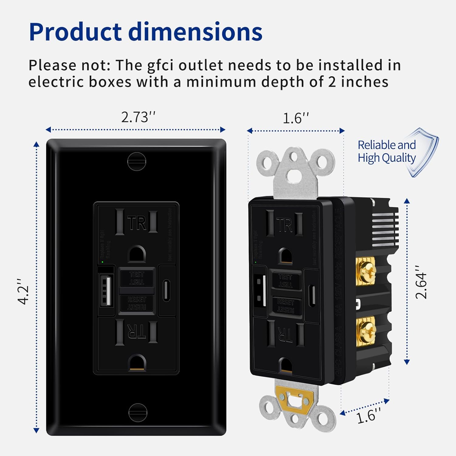 Greencycle Black 15 Amp GFCI Outlet with USB C & USB A Ports, 2PK Self Test GFCI Electrical Outlet Combination with USB,with LED Indicator,Residential & Commercial Grade, Includes Wall Plate & Screws