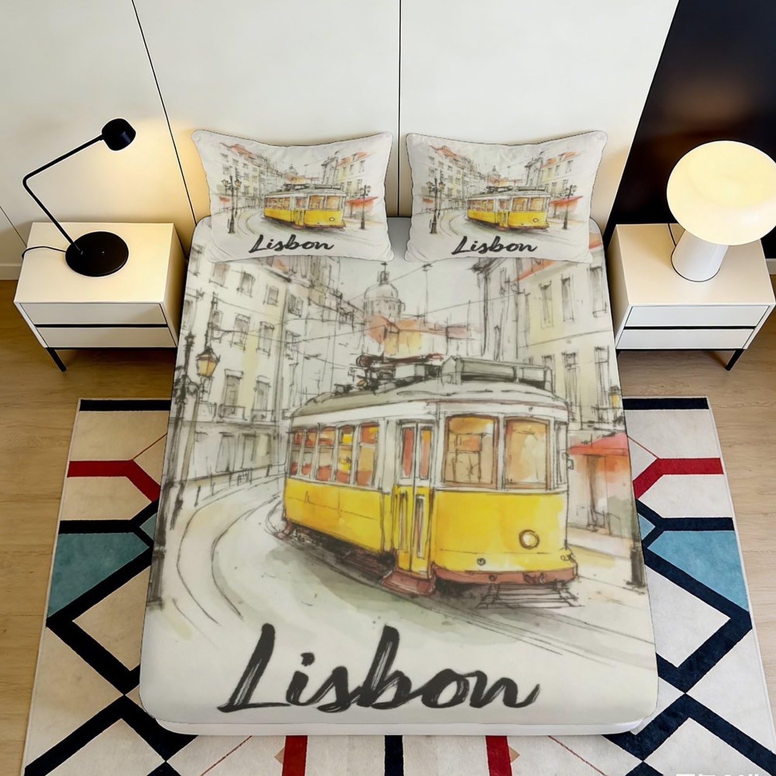 3D Printed Lisbon Tram Fitted Sheet Microfiber Yellow City Street Mattress Cover for Bedroom Dorm Protection Decor 90x200x25cm