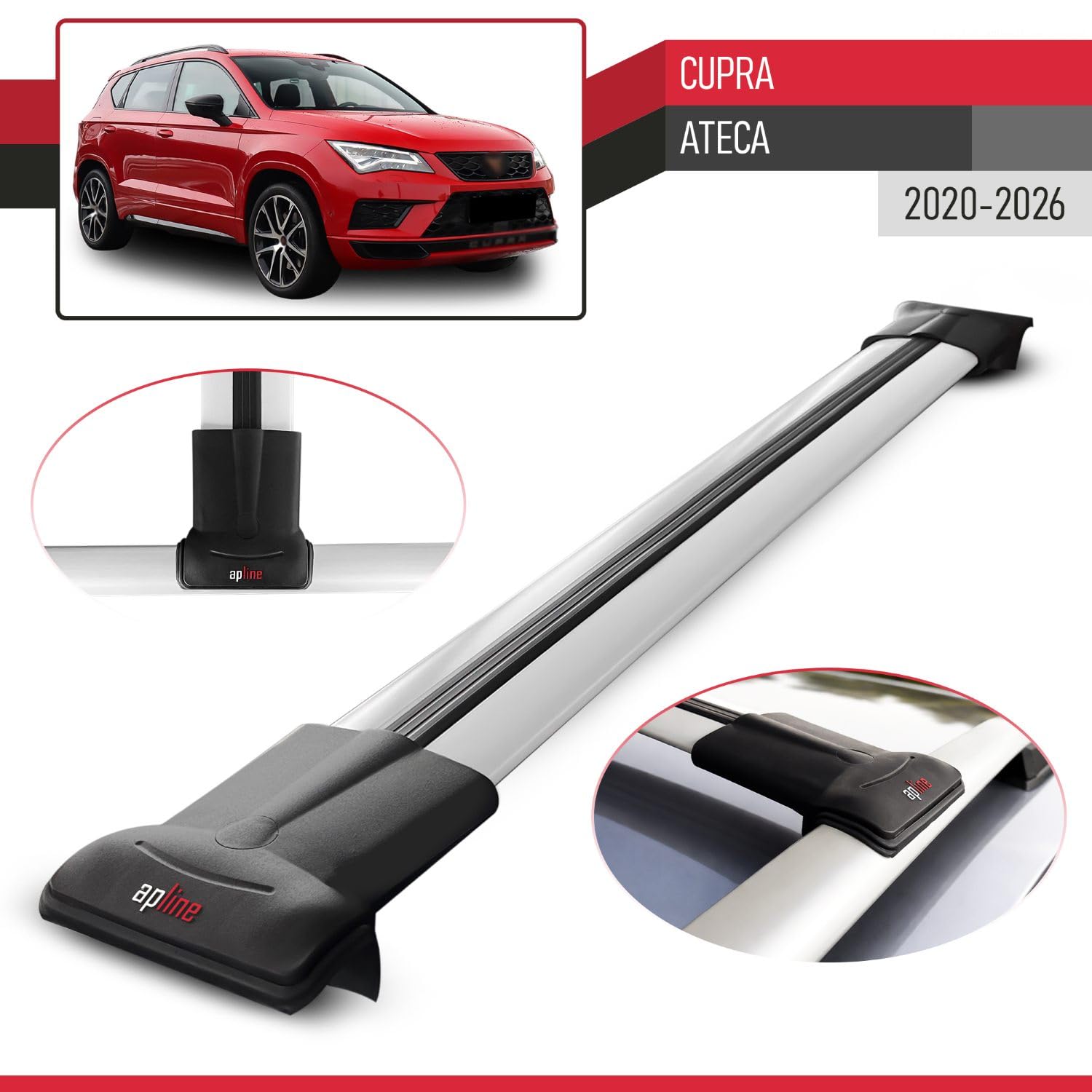 Compatible con Cupra Ateca 2020-2026 Modelo Fly Barra de Techo Auto Portaequipajes Barras Transversales Gris Aluminio 2 Barras