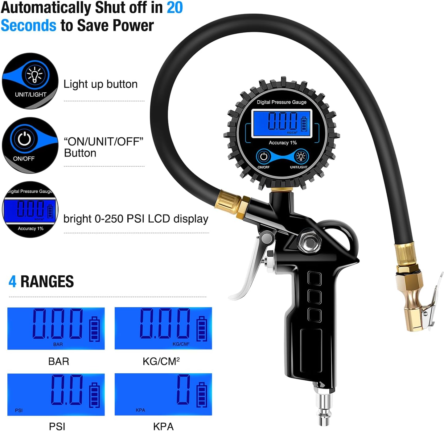 Nilight 50026R Digital Tire Inflator Pressure Gauge,250 PSI Air Chuck and Compressor Accessories Heavy Duty with Rubber Hose Quick Connect Coupler for 0.1 Display Resolution - Image 6