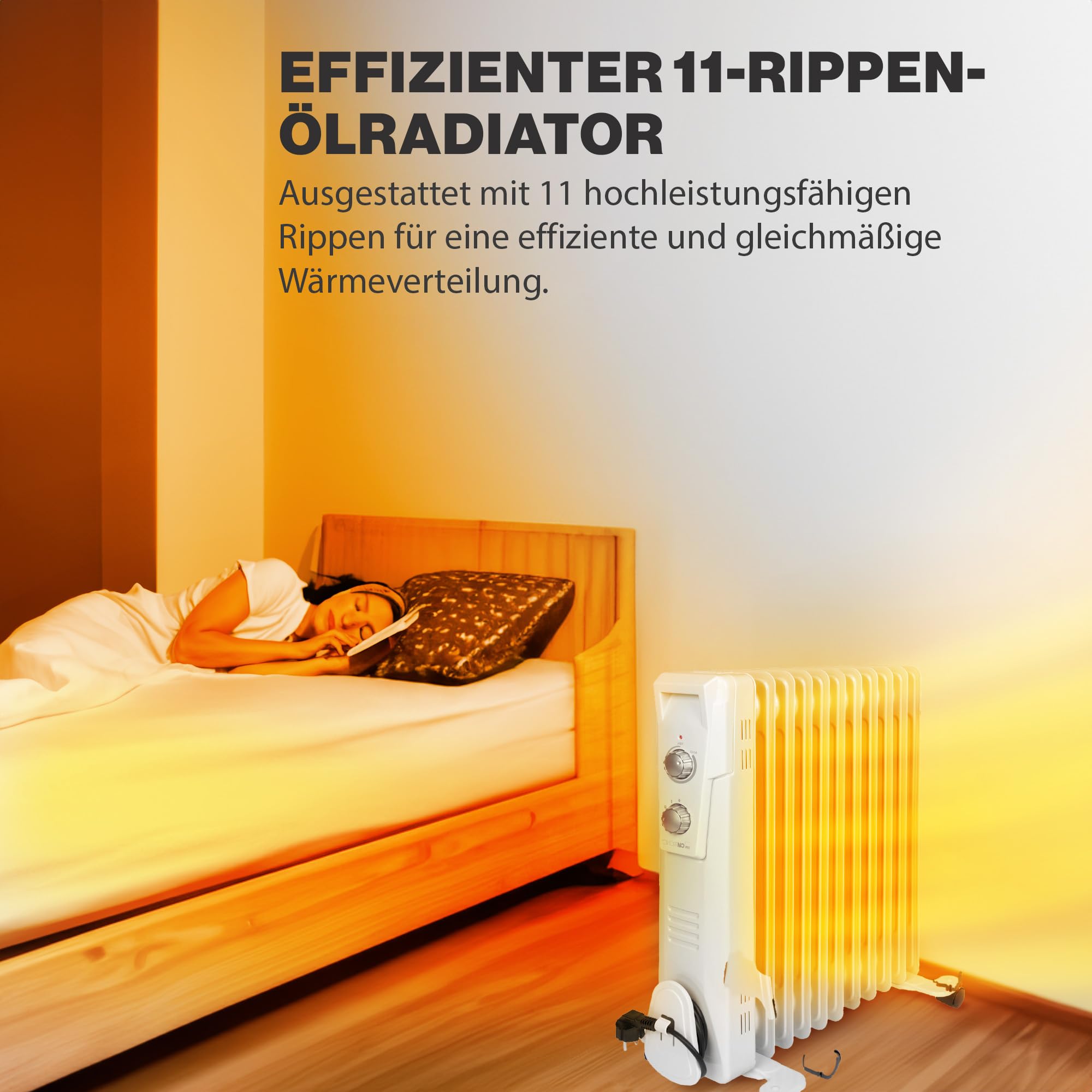 Clatronic® Radiador de aceite | Calefacción móvil eficiente | Calefacción eléctrica con 11 costillas | Radiador con 3 niveles de potencia | Radiador Slimline | hasta 50 m² | 2300 W | RA 3737