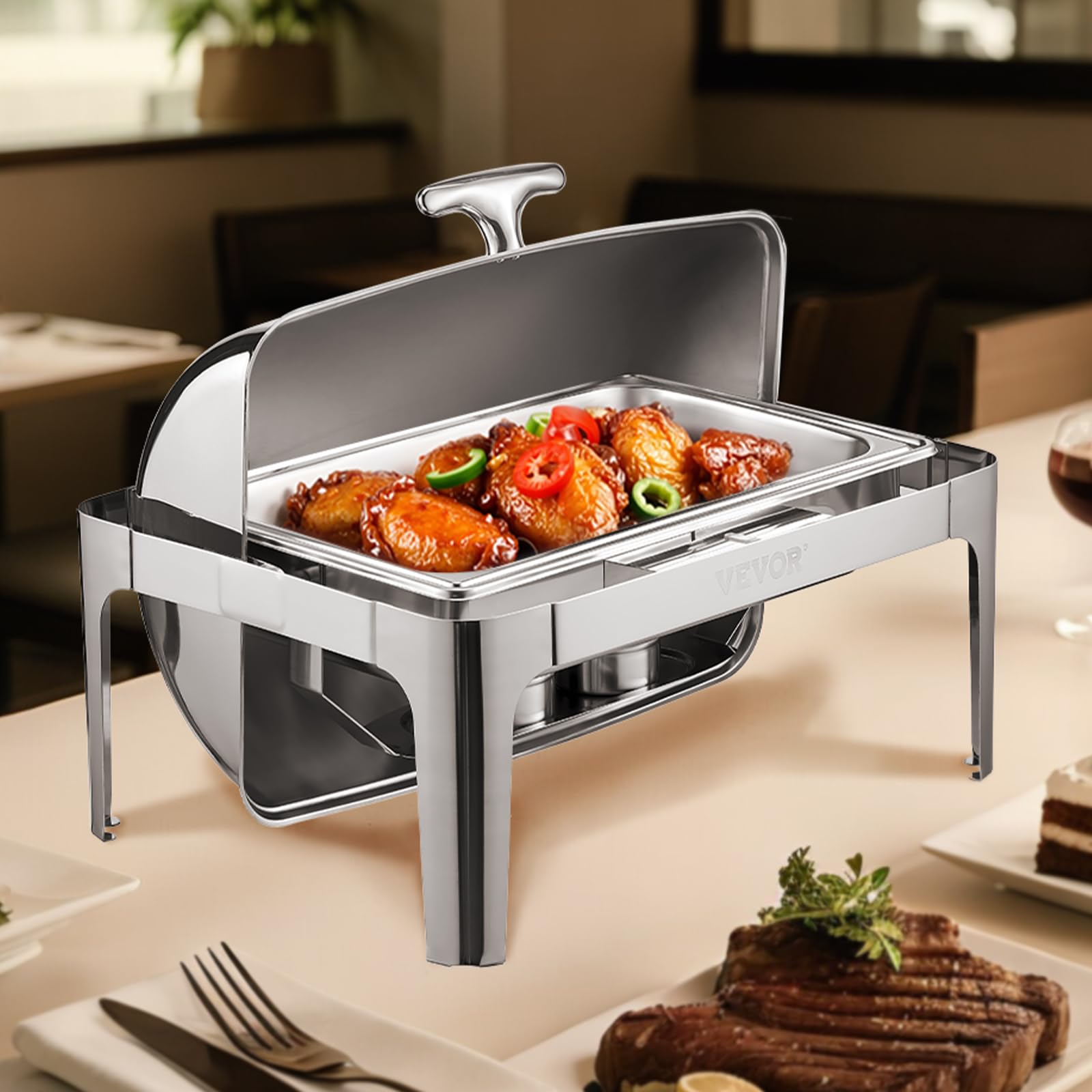 VEVOR Set di Scaldavivande 8,5 L Scaldavivande Rettangolare in Acciaio Inox, con Padella di Dimensioni Standard, Coperchio, Supporto Pieghevole per Acqua, Supporto per Carburante, Clip per Pasti