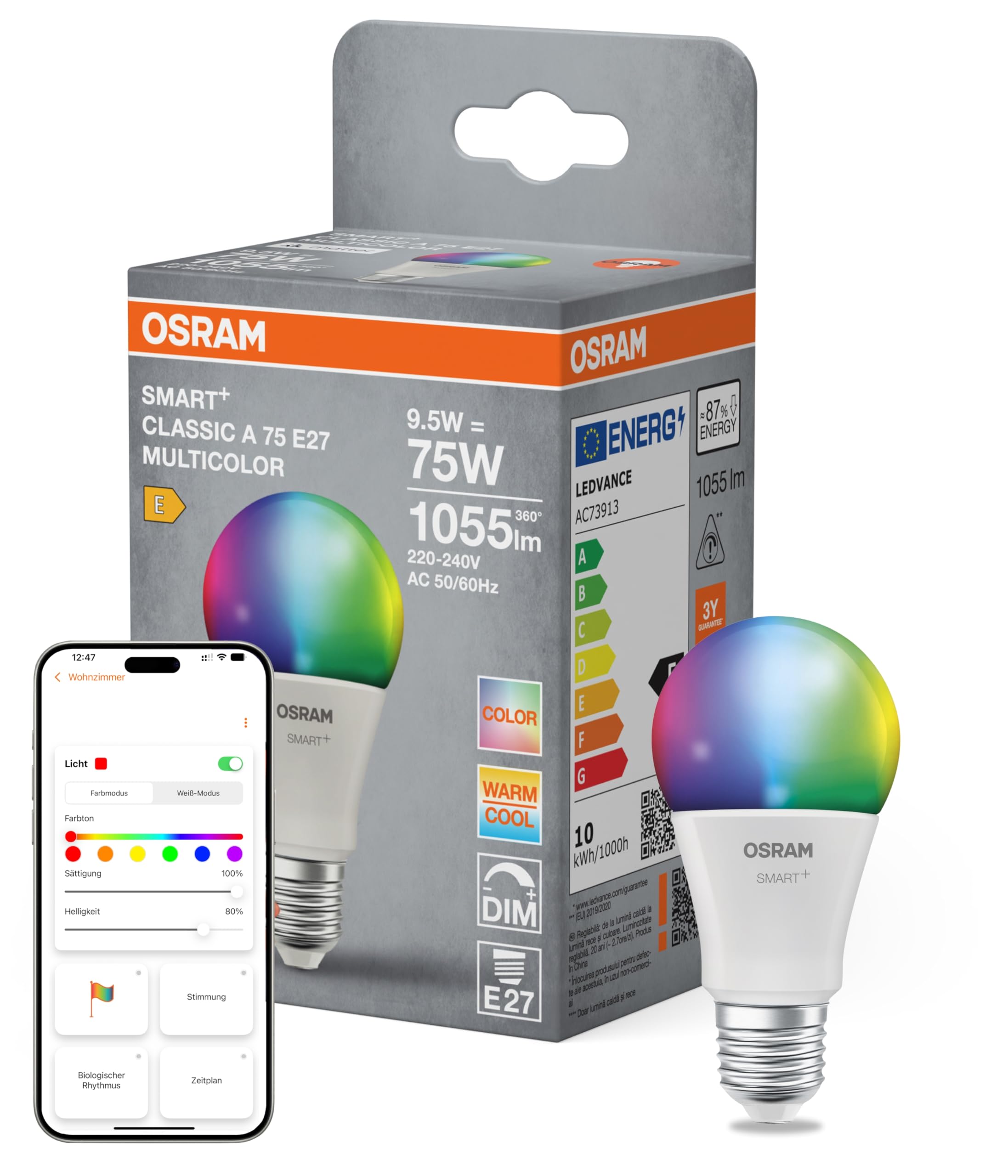 Osram SMART+ LED-Lampe A75 Kolbenform E27 RGBW, Multicolor, dimmbar, Matter over WiFi, App- und Sprachsteuerung, 9,5W, 16 Mio. Farben
