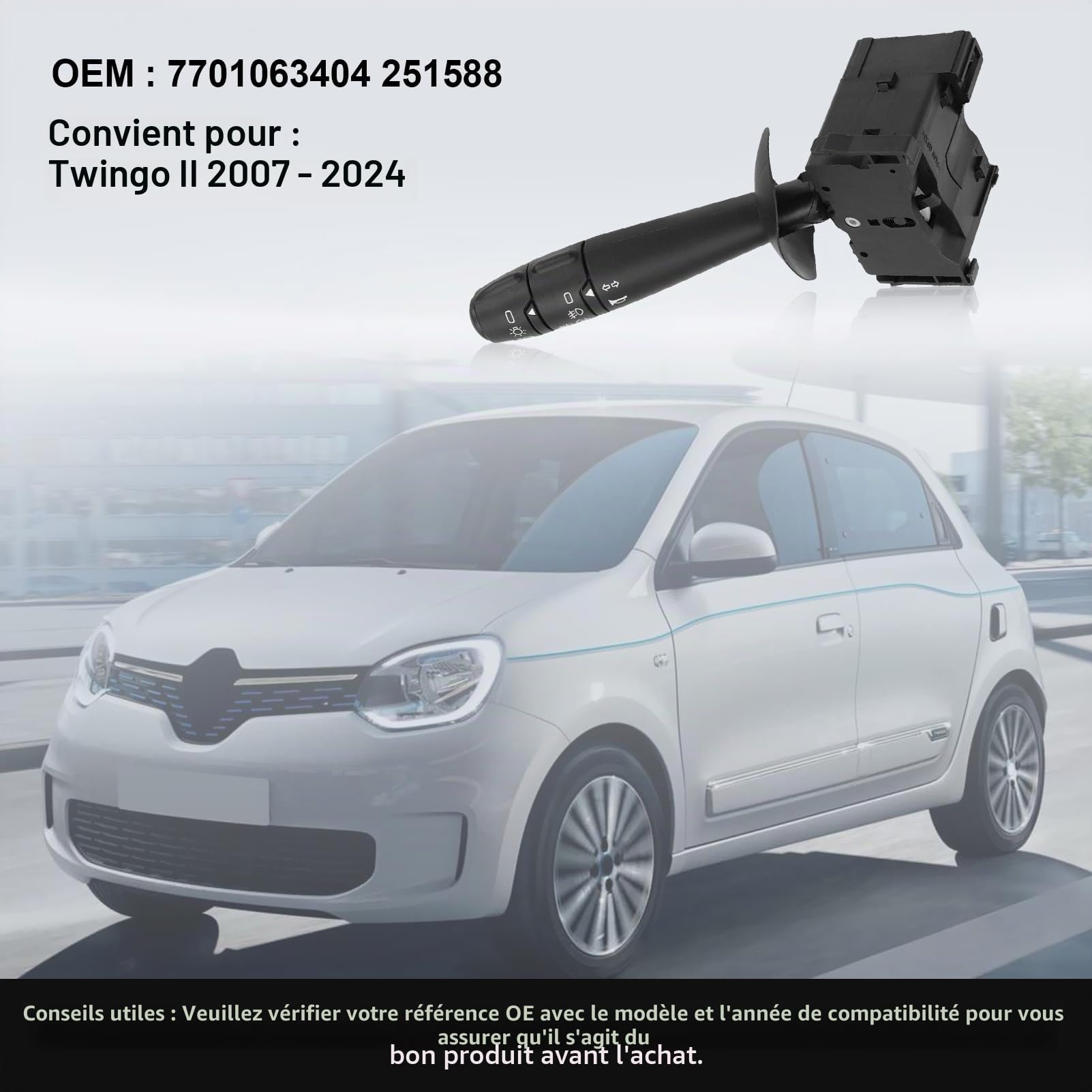 Commutateur de Clignotants pour Twingo II 2007-2024 | Commodo de Phares, Commutateur de Colonne de Direction, 7701063404, 251588