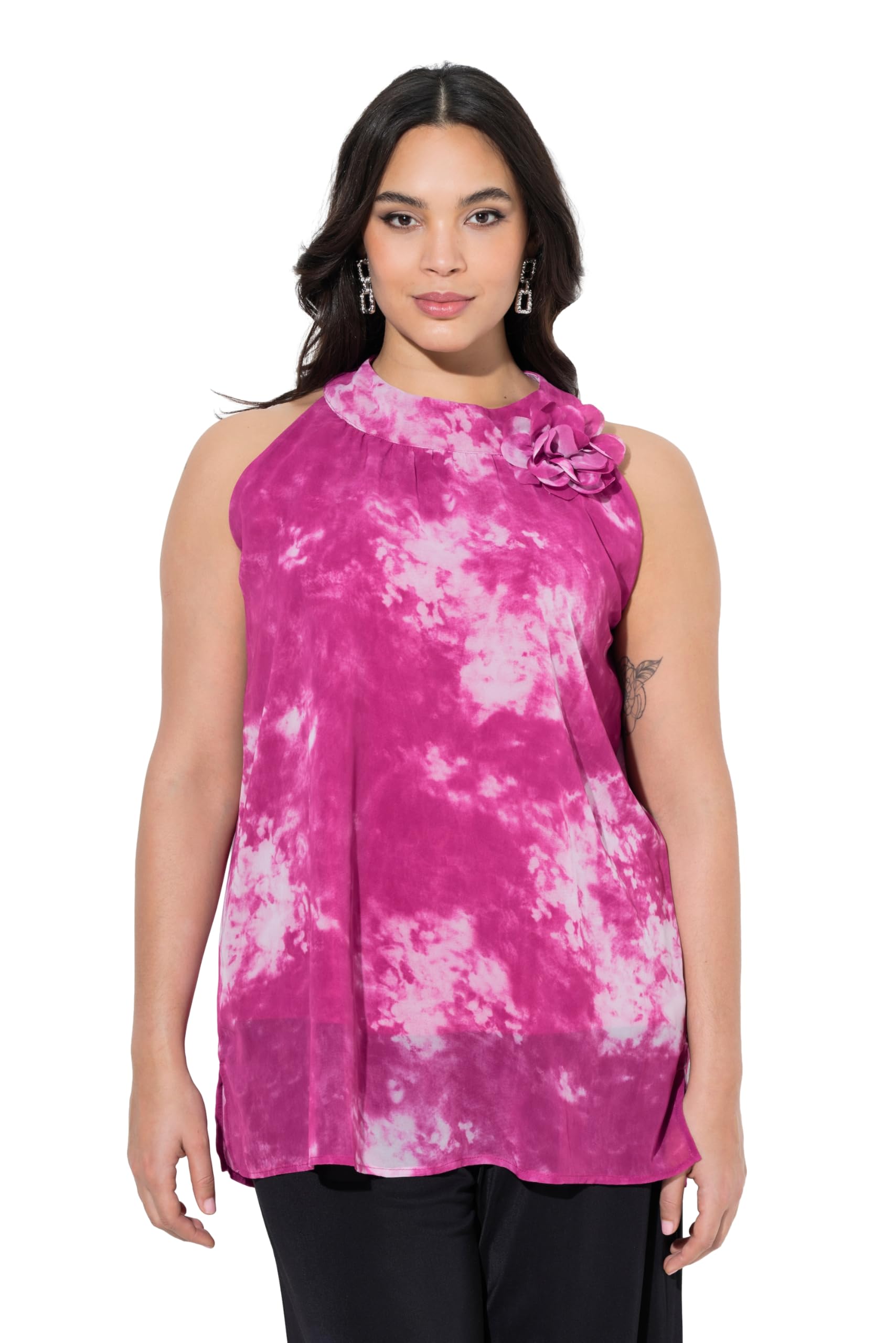Ulla Popken Damen große Größen Übergrößen Plus Size Blusentop, Blüten, A-Linie, Stehkragen, ärmellos 849354
