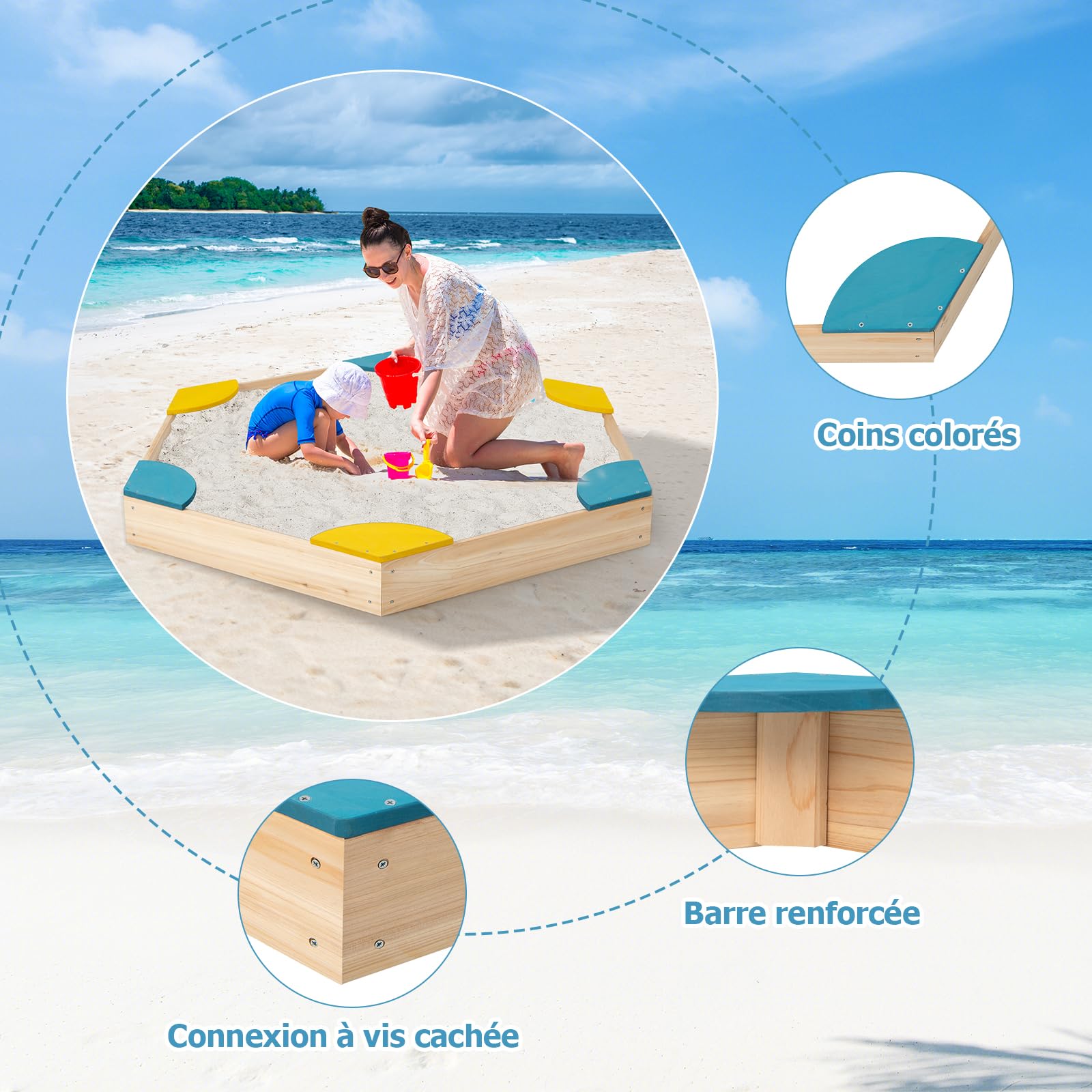 DREAMADE Bac à Sable en Bois, Boîte à Sable Enfants avec Sièges, Bac à Sable Extérieur pour Jardin, Plage, Pelouse (Hexagone Jaune)