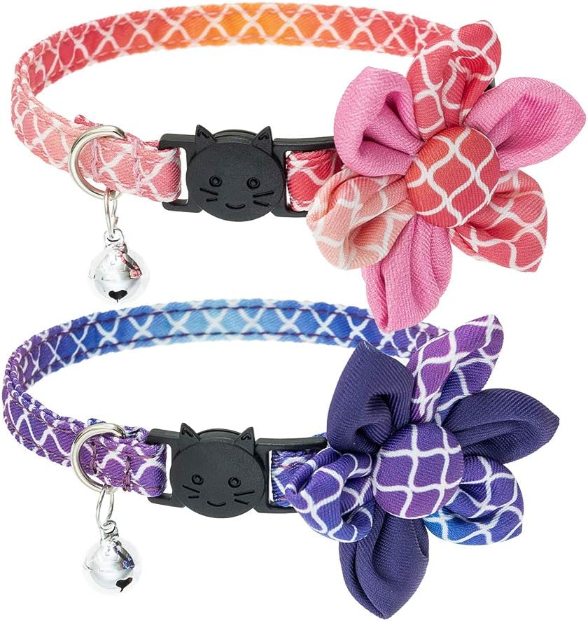 BINGPET Breakaway Cat Collar with Bells, 2 Pcs Adjustable Kitten Collars with Detachable Flower Accessories, Unique Gradient Pattern,…