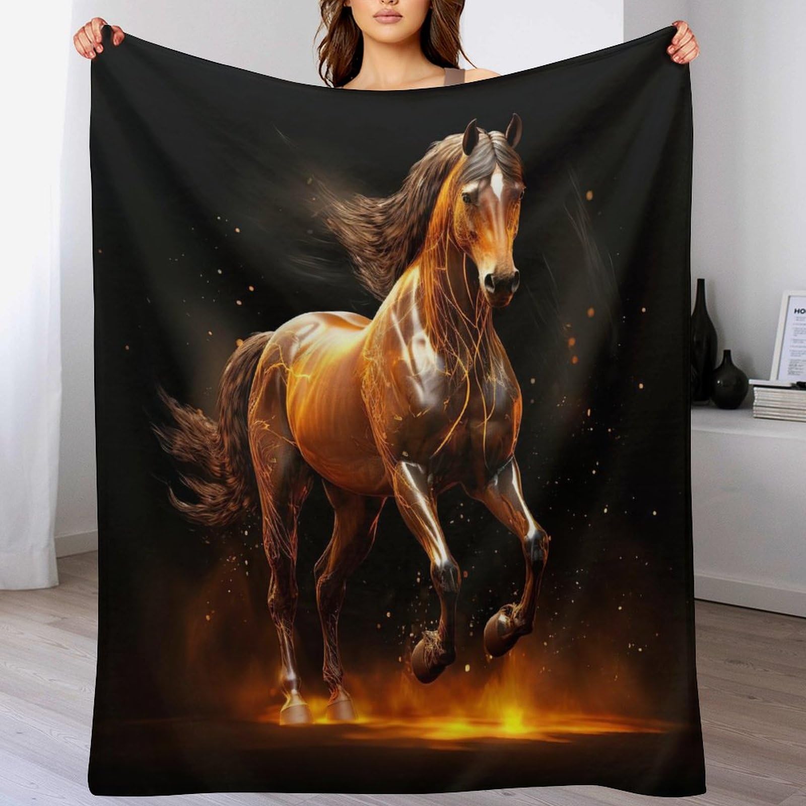 Couverture polaire cheval chaude et moelleuse en flannel lit 180x200cm