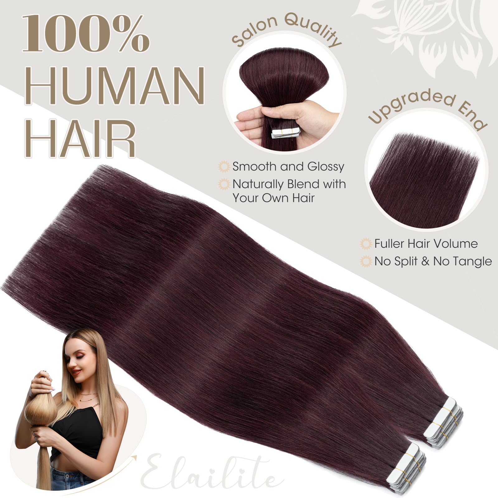 Elailite 40 Pcs Tape in Hair Extensions Real Human Hair Full Head - Image 4