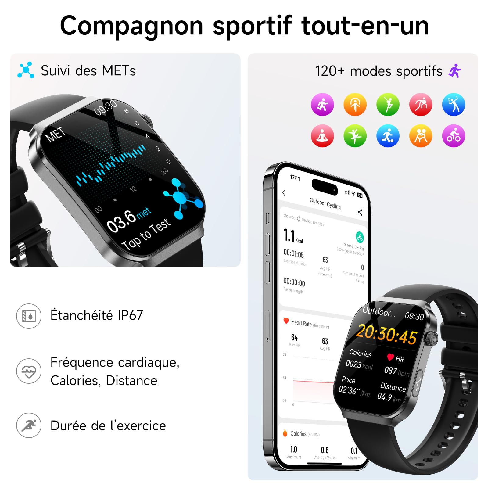 Nouv’ECG Smartwatch Homme Pression Artérielle, 2.2" Écran Incurvé