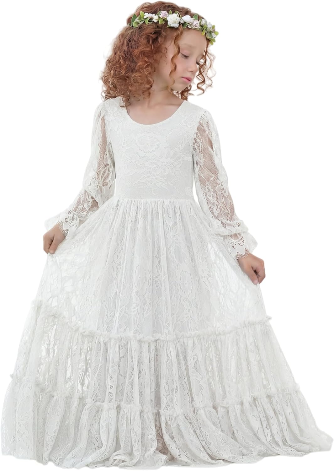 LalaMira Flower Girl Dress Lace Boho Toddler Dresses Ruffle Girl Dress for Wedding Garden Party Holiday Communion Long Sleeve