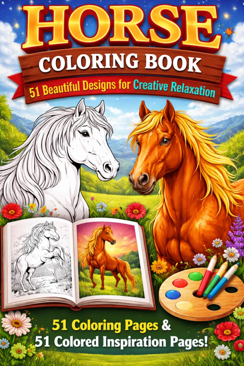 Horse Coloring Book: 51 Beautiful Designs for Creative Relaxation: Includes 51 Coloring Pages and 51 Colored Inspiration Pages — Perfect for Horse Lovers, Kids, Teens, and Adults
