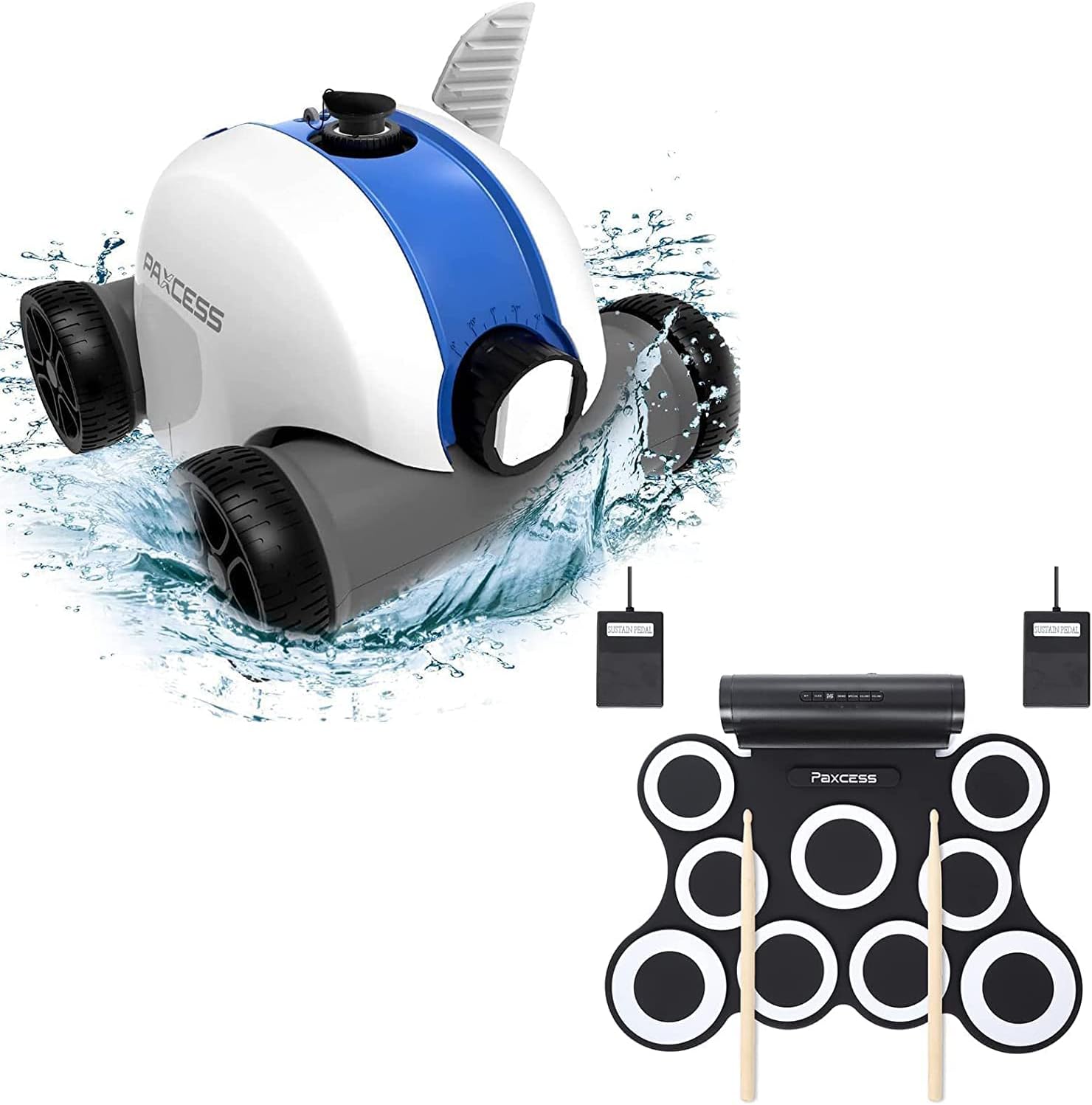 PAXCESS Cordless Robotic Pool Cleaner and 9 Pads Electronic Drum Set Musical