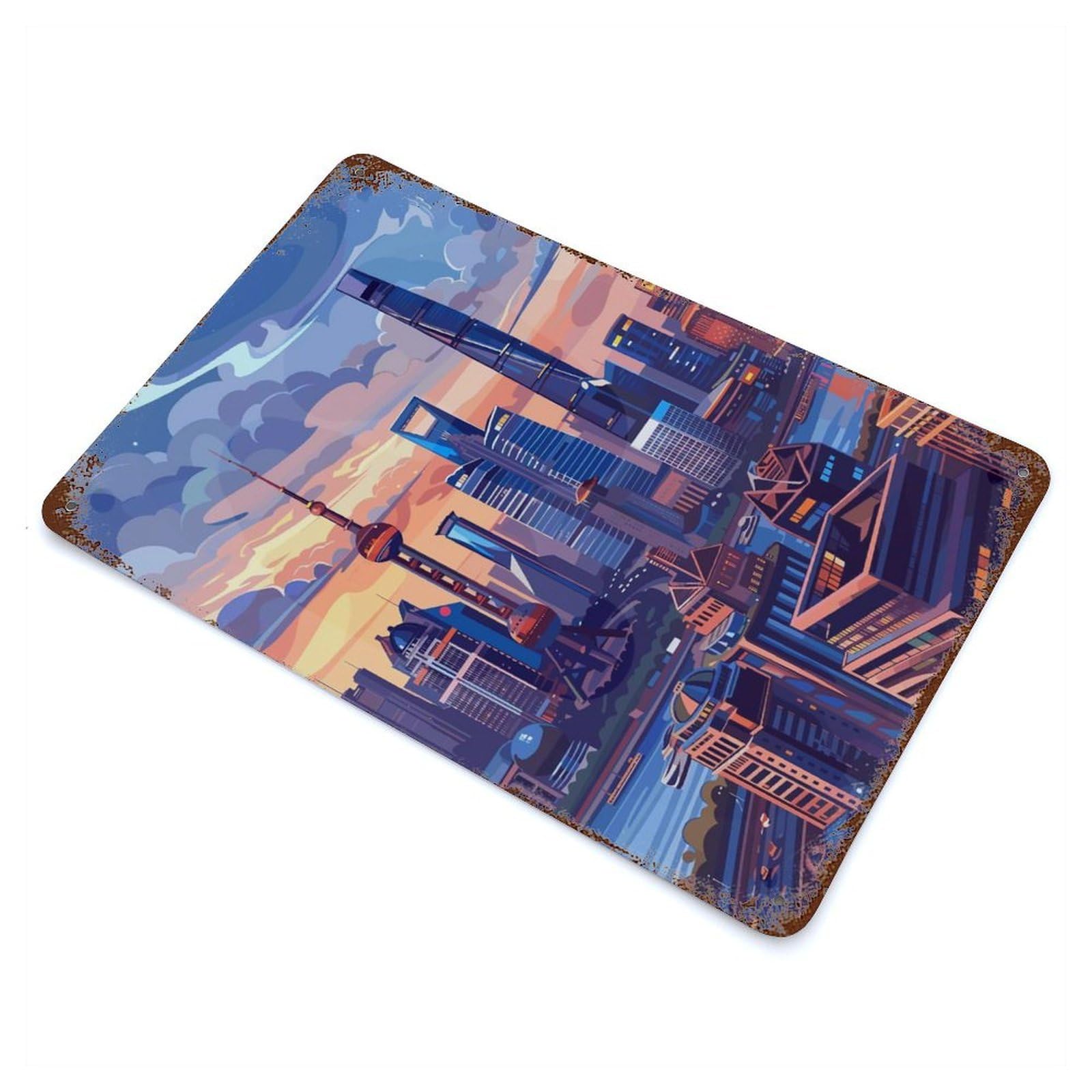 Retro Metal Sign with Shanghai Skyline Design 11.8"x7.9", for Office, Studio And Wall Decor, Retro Wall Decor