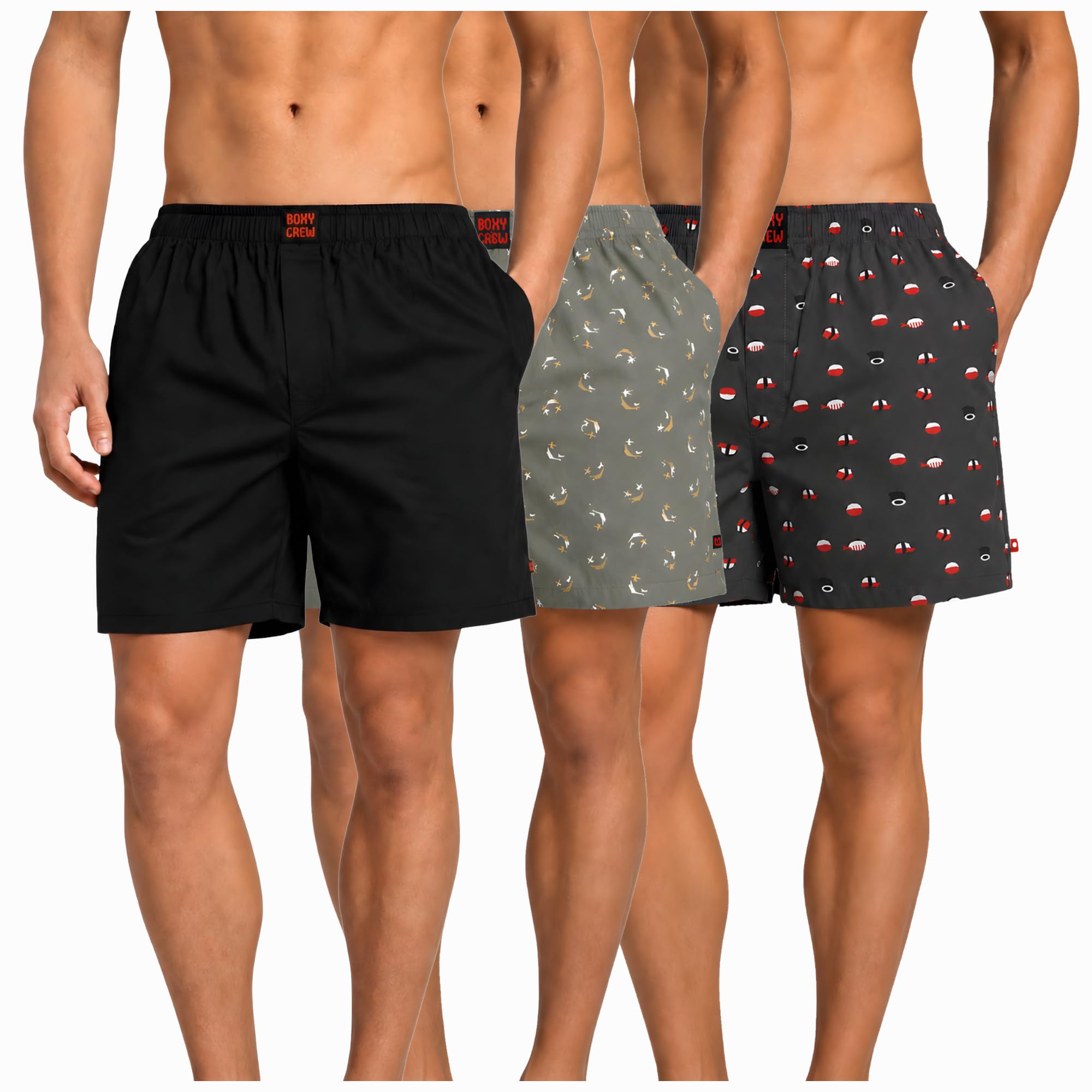 Men's 100% Cotton Boxer Shorts Pack of 3, Black, Green & Charcoal | Woven Boxers with Side Pockets, No-Marks Elastic Waistband, Breathable Relaxed Fit | Style 001-008-012-image-49