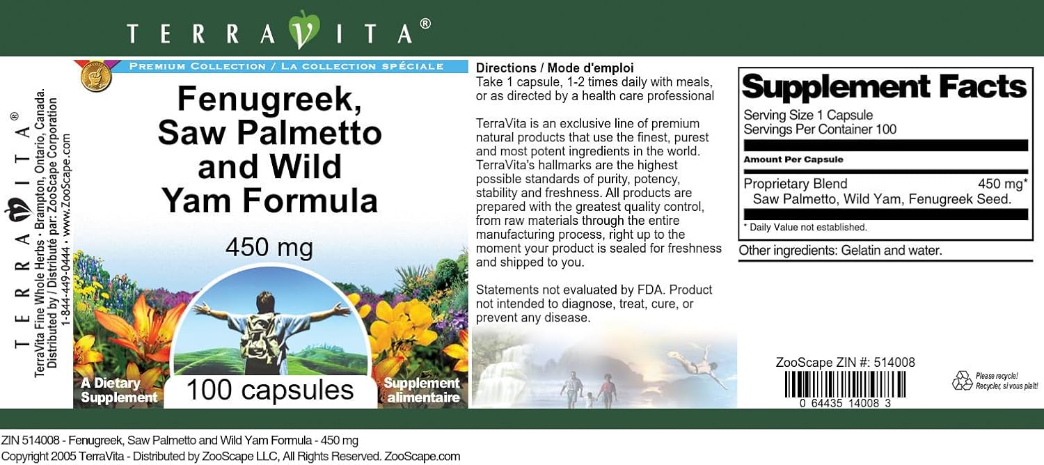Fenugreek, Saw Palmetto and Wild Yam Formula - 450 mg (100 Capsules, ZIN: 514008) - 3 Pack