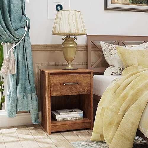 Miniatura 7 de Giantex Mesita de noche con cajón, juego de 2 mesas auxiliares de madera con compartimento de almacenamiento abierto, mesa auxiliar multiusos para
