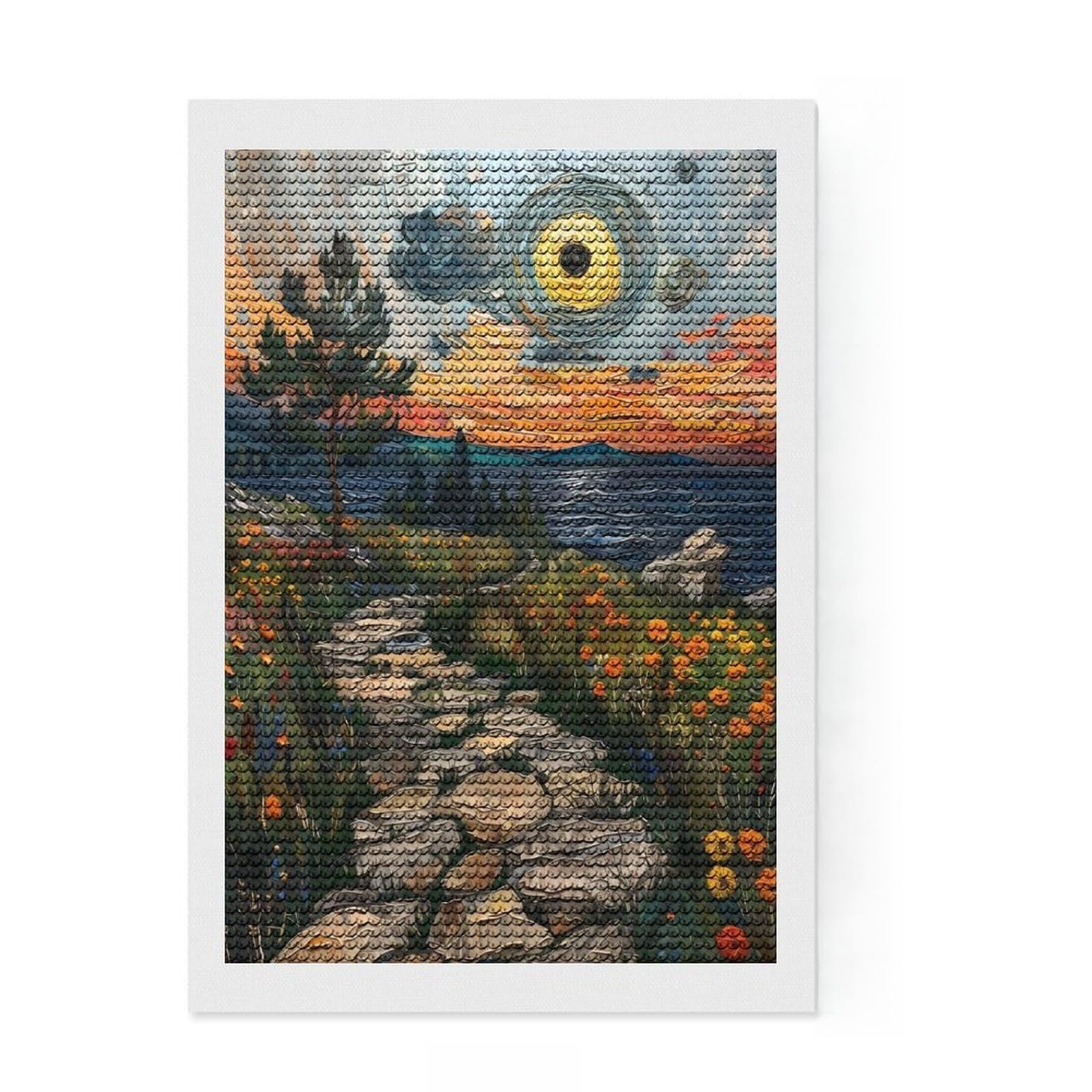 Junmoney Stone Path Sunset Diamond Art Kit 8"x12", Office Decor, for Women, with Tool Kit, Gift Idea, Stress Relief Craft, Adhesive Canvas