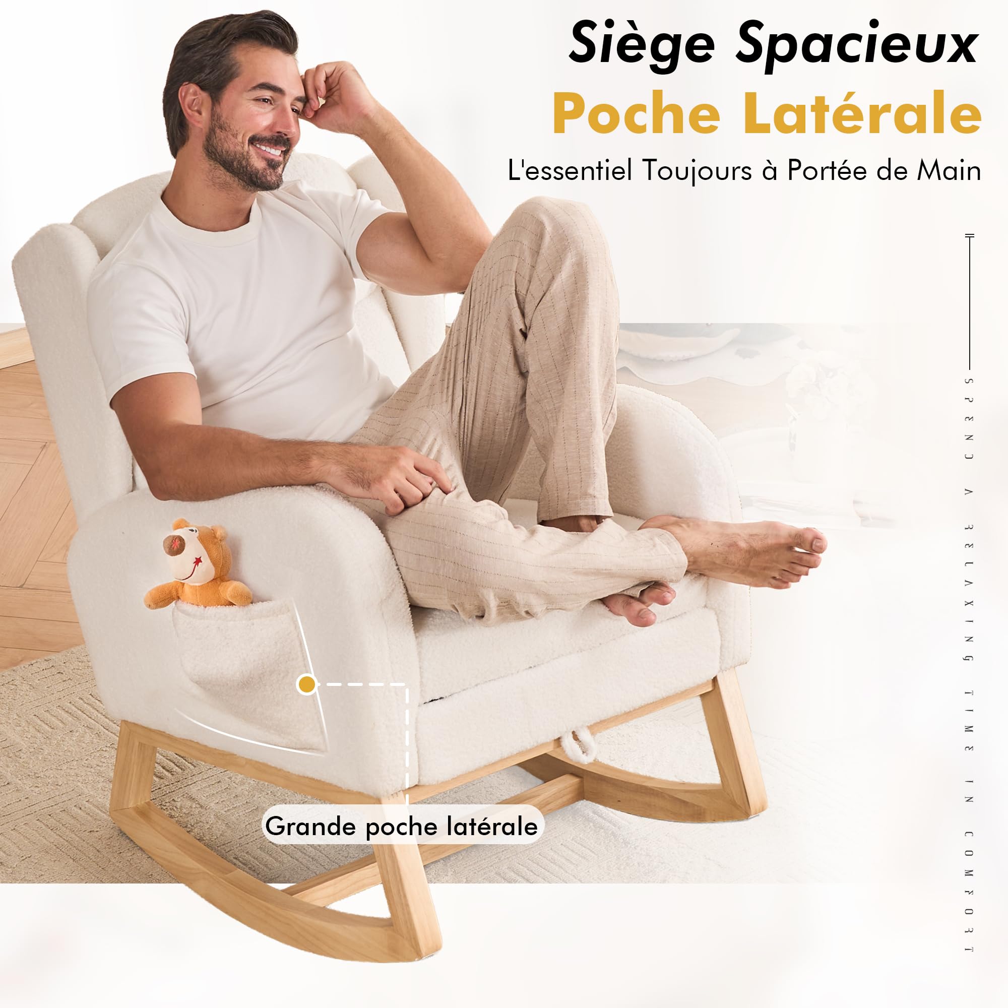DEKKETO Fauteuil à Bascule avec Repose-Pieds - Rocking Chair Allaitement à Dossier Haut et Poche, Chaise a Bascule à Oreilles en Bouclette, pour Salon, Chambre Bebe, Blanc
