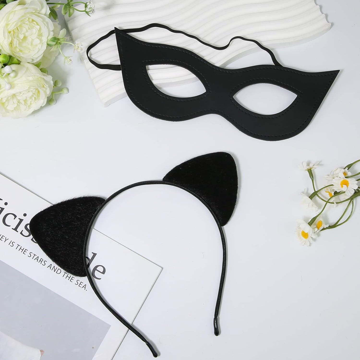 Cat Woman Mask and Cat Ears Headband for Women, Cat Women Costume Accessories Black Cat Eye Superhero Mask for Halloween Masquerade PU Leather - Image 2