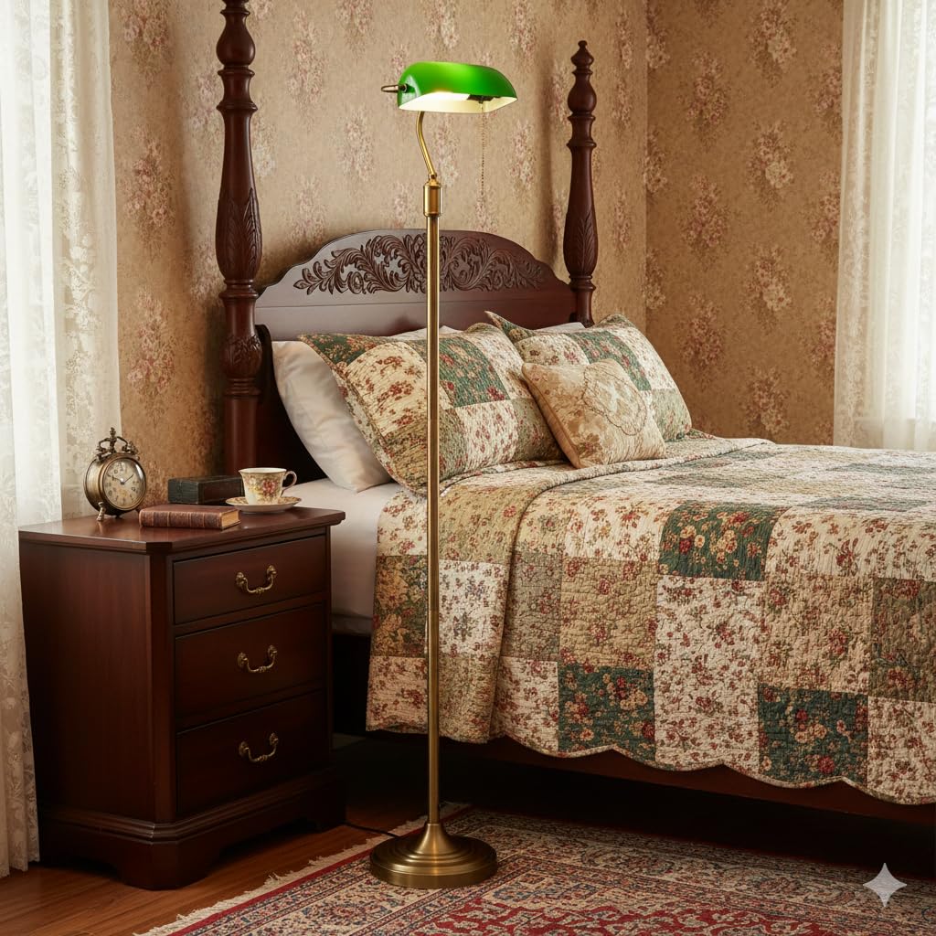 BARCELONA LED Vintage Lampa Podłogowa Bankierska – Klasyczny Zielony Szklany – Lampa Stojąca E27 z Włącznikiem Łańcuszkowym i Regulowanym– Retro Lampa do Salonu, Biura, Biblioteki i Sypialni